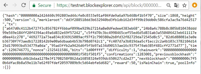 Raw data pulled from a TESTNET blockchain API